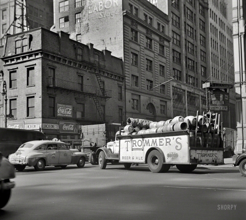 Photo showing: Trommers Beer -- March 1943. Beer truck on 44th Street and Sixth Avenue.