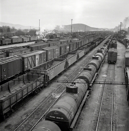 Photo showing: Barstow Yard -- March 1943. Barstow, California. A general view of the Atchison, Topeka and Santa Fe Railroad yard.