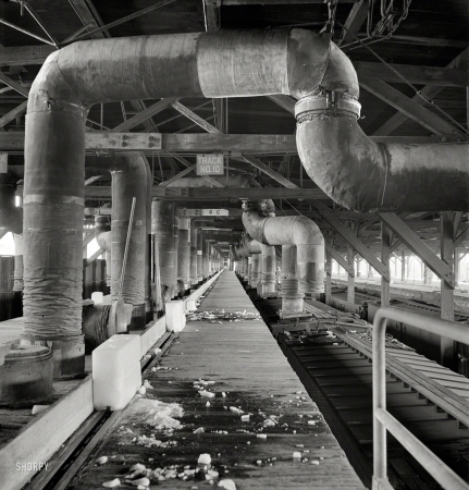 Photo showing: Cold Freight -- March 1943. San Bernardino, California. Freight cars being precooled at the ice plant.