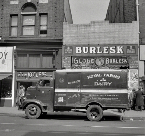 Photo showing: Burlesk & Butter -- April 1943. Baltimore, Maryland -- a street scene. Light Street.