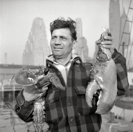 Photo showing: Claws -- May 1943. Dock stevedore at the Fulton Fish Market holding giant lobster claws.