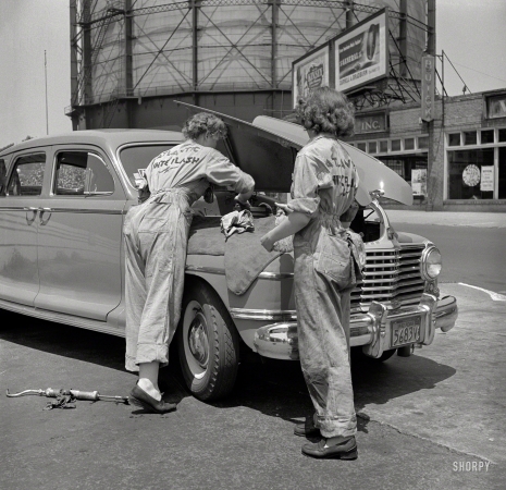 Photo showing: White Flash -- June 1943. Philadelphia, Pennsylvania. Women garage attendants at the Atlantic Refining Company. 