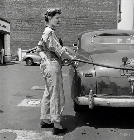 Photo showing: Career Girl -- June 1943. Miss Frances Heisler, pump attendant at Atlantic Refining Company
garage in Philadelphia. Formerly a payroll clerk at Curtis Publishing.