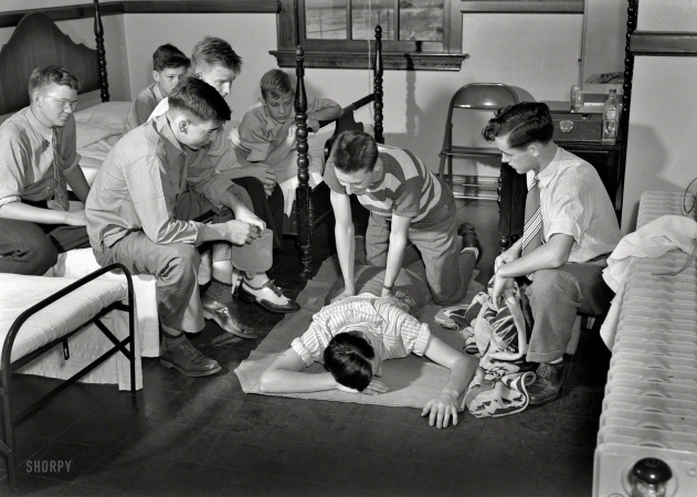 Photo showing: First Aid Group -- June 1943. Keysville, Virginia. Randolph Henry High School. First aid group in school dispensary.