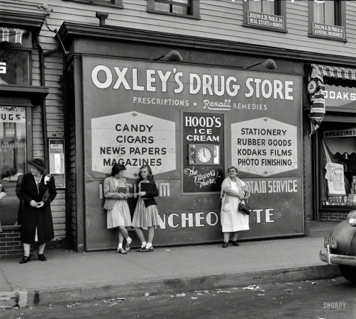 Photo showing: Rexall Remedies -- May 1942. Southington, Connecticut. Girls at drugstore.