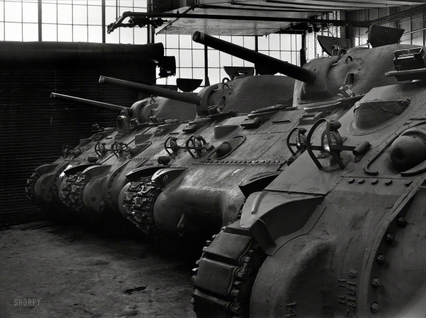 Photo showing: American Locomotive -- January 1943. New M-4 tanks in the Schenectady plant of the American Locomotive Company. 