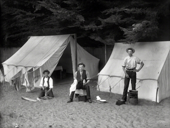 Photo showing: Odd Jobs -- New Zealand circa 1902. Three men at campsite doing odd jobs.
