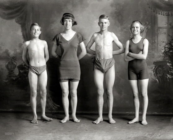 Photo showing: High and Dry -- New Zealand circa 1920. Studio portrait, young people in swimming costumes, Christchurch. 