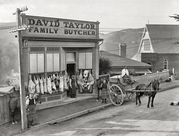 Photo showing: Family Butcher -- 1910. Wellington, New Zealand. David Taylor's butcher shop, Wadestown, showing decorated carcasses.