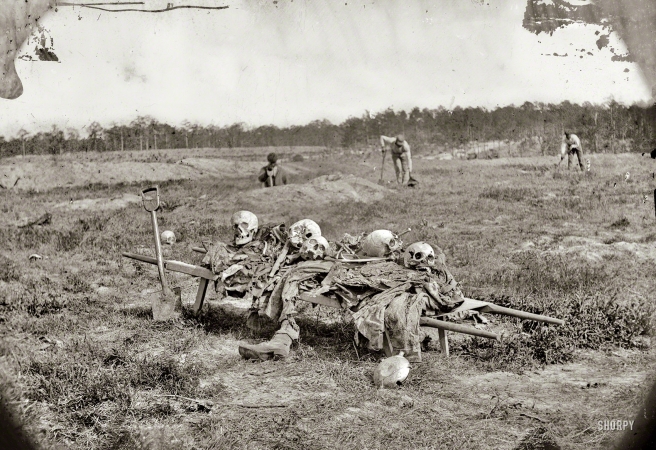 Photo showing: The Killing Fields -- April 1865. Cold Harbor, Virginia. Collecting remains of dead on the battlefield.